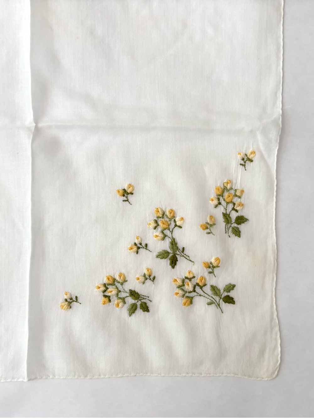 Vintage White Handkerchief with Yellow Floral Embroidery
